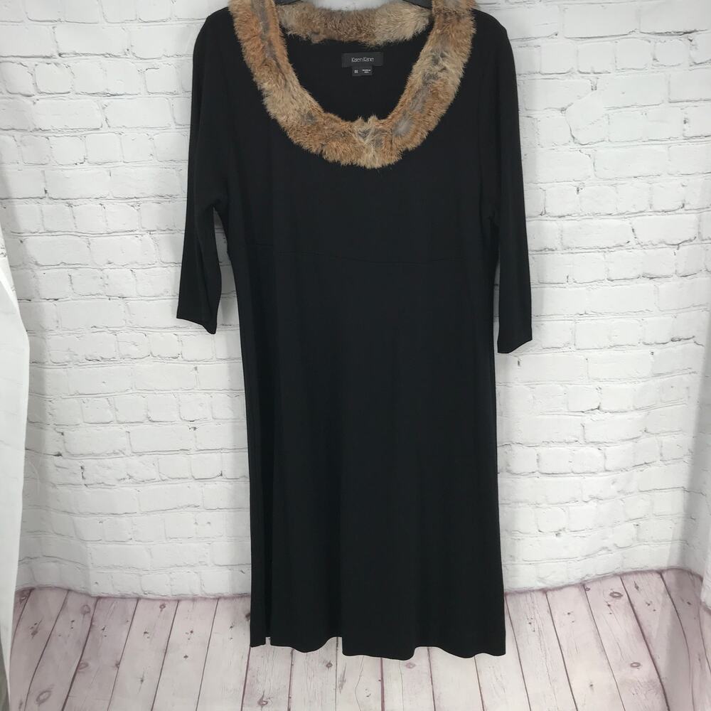 Karen Kane black knit dress fur collar 0X